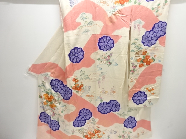 JAPANESE KIMONO / ANTIQUE FURISODE / SILK / EMBROIDERY / SHIBORI / FLORAL PLANTS